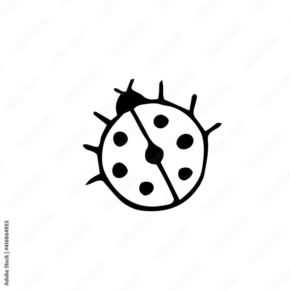 Fototapeta premium Ladybug. Beetle with polka dots. Insect. Vector hand-drawn doodle illustration. Black and white outline. Coloring for children. Silhouette.