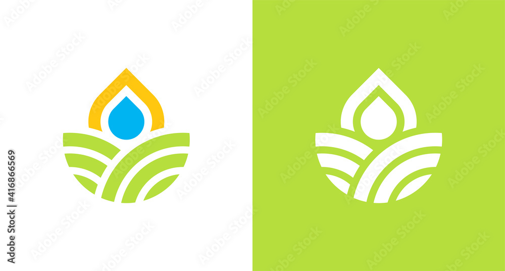 natural and organic farming land logo with water drop and sun element, simple environmental logo