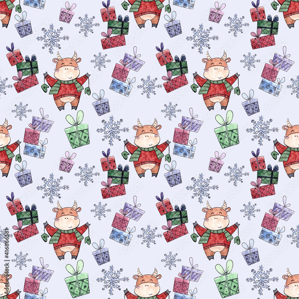 Fototapeta premium watercolor christmas pattern / gifts, snowflakes, bull for print
