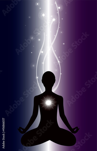 A meditating person in the lotus position. Yoga classes. Human energy, aura. The stars are shining. Black silhouette.Dark background. Vector