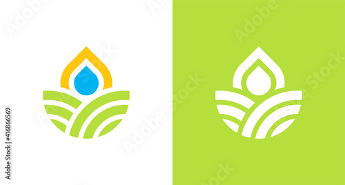 natural and organic farming land logo with water drop and sun element, simple environmental logo