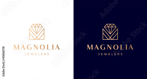 Elegant Letter M with Diamond line art, gold Jewelry Logo, elegant golden M logo .vector