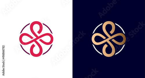elegant and luxurious infinity logo, cross symbol, letter S in circle border emblem, vector.