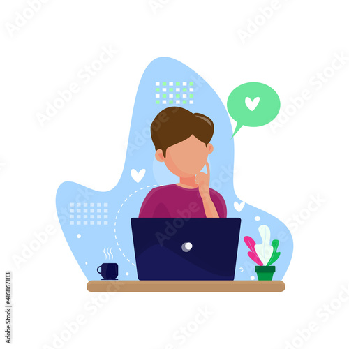 Creative vector character design of a man daydreaming in front of a laptop for web design, landing page, banner, illustrator.