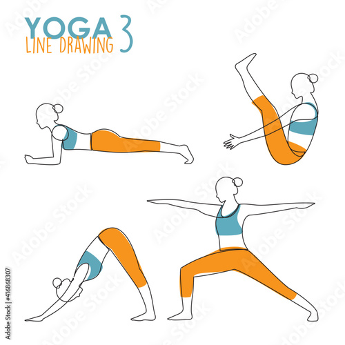 Continuous line drawing of woman yoga pose or asana posture. Female exercising for body stretching. 4 Yoga poses for workout in contour free hand drawing. Vector Illustration. 