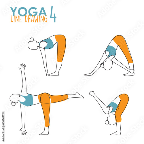 Continuous line drawing of woman yoga pose or asana posture. Female exercising for body stretching. 4 Yoga poses for workout in contour free hand drawing. Vector Illustration. 