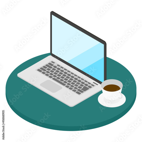 丸いテーブルの上のパソコンとコーヒー