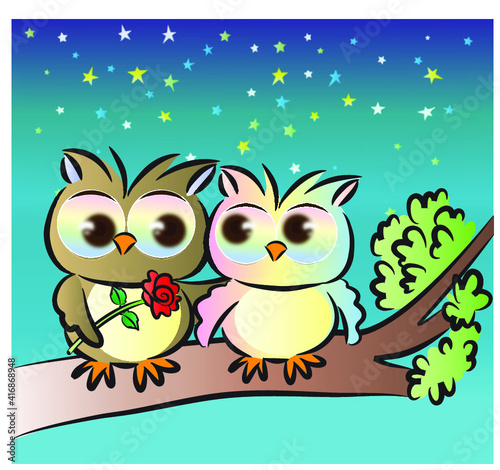 vector drawing big eye owls with rose on the tree at night