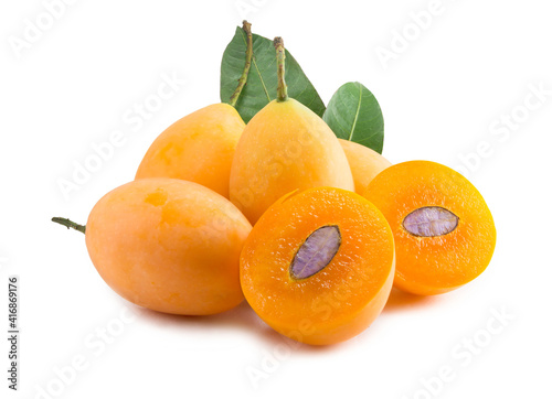 A group of sweet yellow Marian plum thai fruit on white background (Mayongchid Maprang Marian Plum and Plum Mango,Thailand)