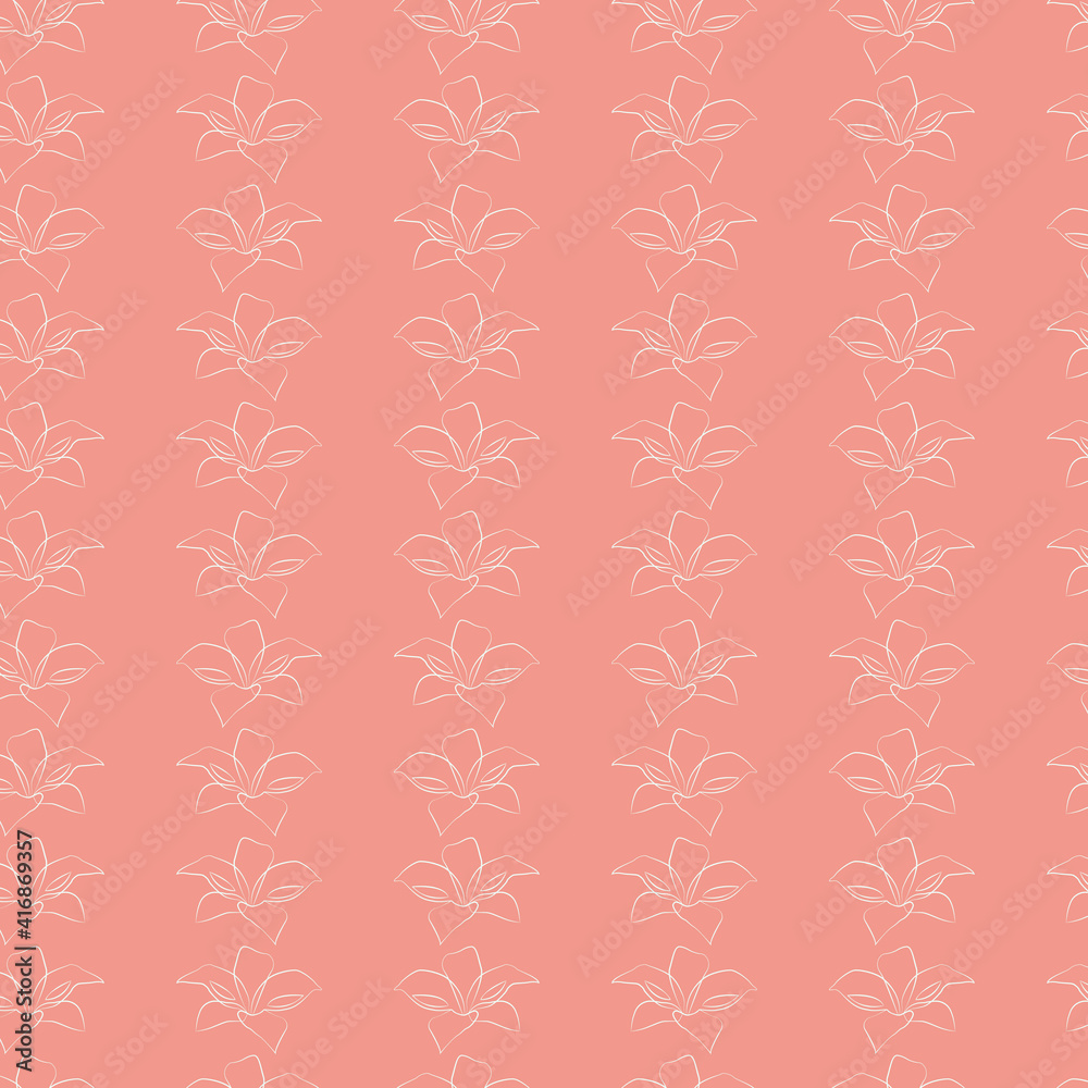 Vector seamless pattern white lilies on pink background, line art Vector seamless pattern white lilies on pink background, line art
