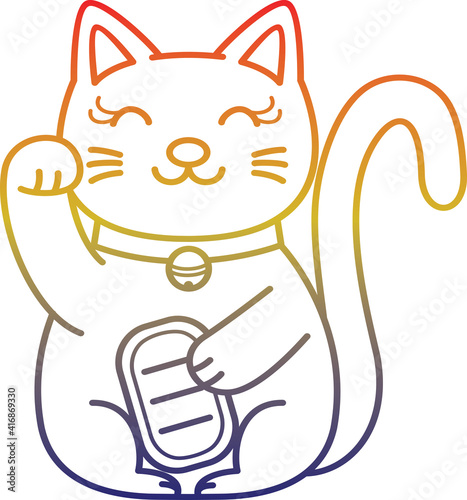 rainbow gradient line drawing of a cartoon Maneki neko 