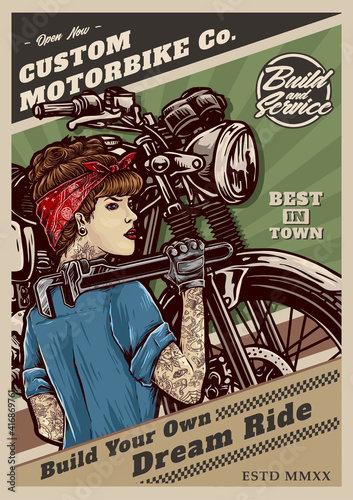 vector of PIN UP GIRL ON classic custom motorcycle RETRO POSTER STYLE
