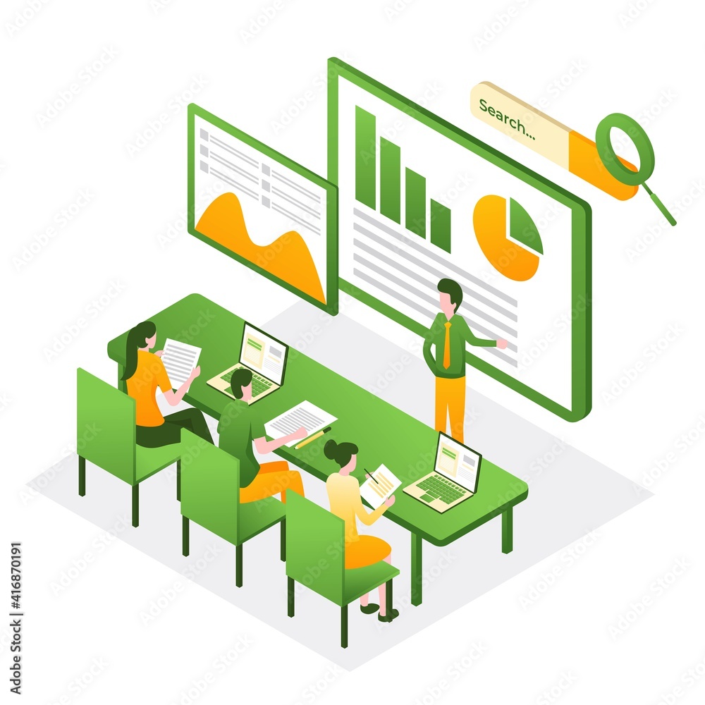 Business training or courses concept. Can use for web banner, infographics, hero images. Flat isometric vector illustration isolated on white background. Business training or courses concept. Can use for web banner, infographics, hero images. Flat isometric vector illustration isolated on white background.