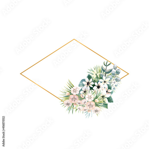 Diamond-shaped gold frame with small flowers of actinidia, bouvardia, tropical and palm leaves. Wedding bouquet in a frame for the design of a stylish invitation. Watercolour illustration.