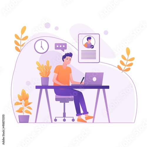 Student Learning Online at Home. Character Sitting at Desk, Looking at Laptop and Studying with Smartphone, Books and Exercise Books. Online Education Concept.