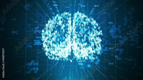 Digital network technology deep learning animation concept. Abstract coding brain hexagon grid perspective motion graphic seamless looping background.