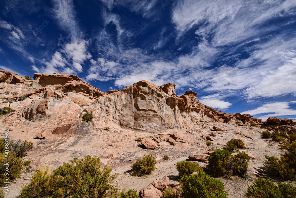 Rock formations at the magical hidden Laguna Negra Valley in the Salar de Uyuni, Bolivia