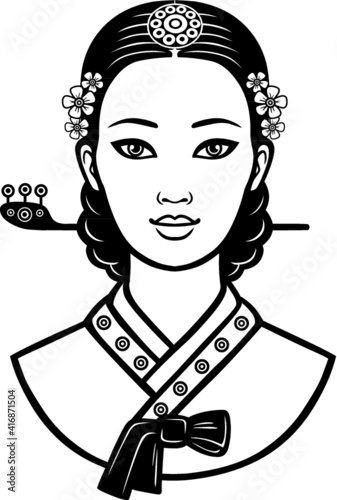 Portrait of the young Korean girl with an ancient hairstyle. Monochrome vector illustration isolated on a white background. Print, poster, t-shirt, card. 