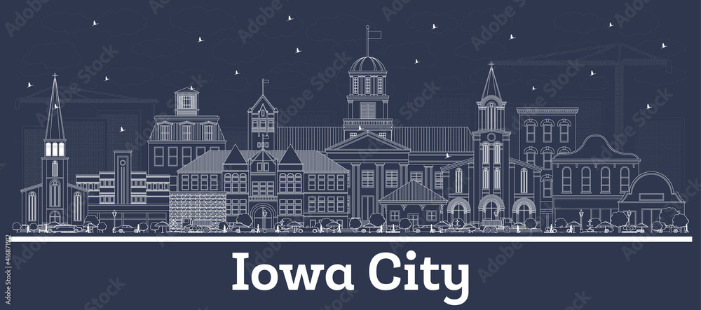 Outline Iowa City USA Skyline with White Buildings.