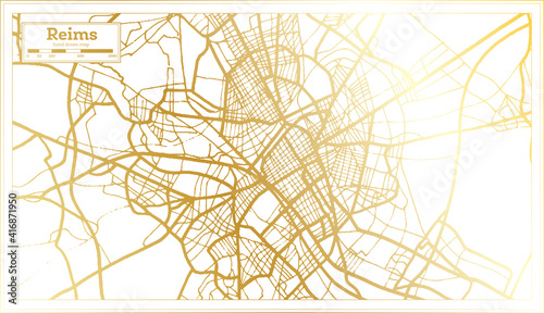 Reims France City Map in Retro Style in Golden Color. Outline Map.