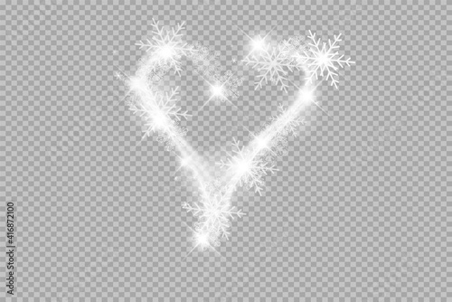 Heart shaped snowflakes in a flat style in continuous drawing lines. Trace of white dust. Magic abstract background isolated on on transparent background. Miracle and magic. Vector illustration flat