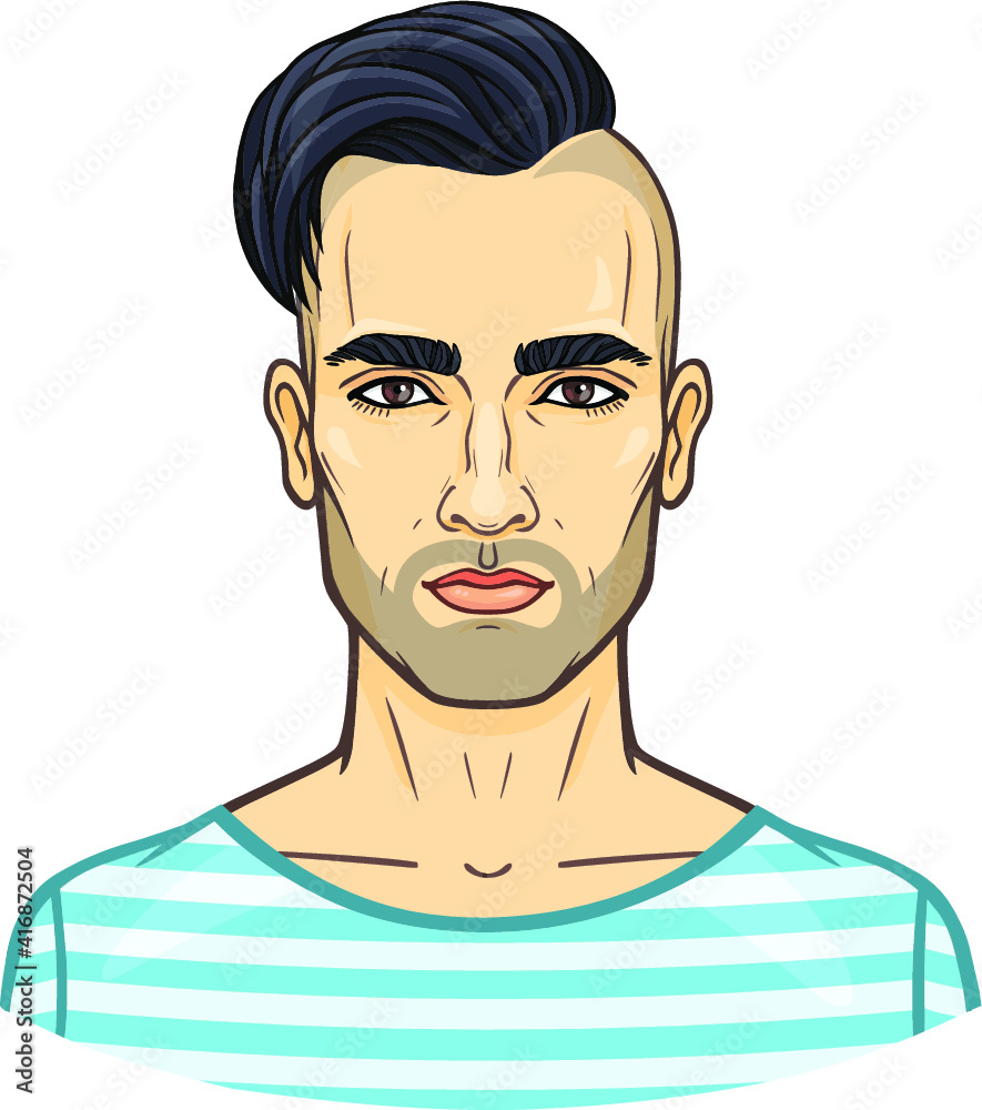 Animation portrait of the young attractive man with a stylish hairstyle. The vector illustration isolated on a white background. Print, poster, t-shirt, card. Animation portrait of the young attractive man with a stylish hairstyle. The vector illustration isolated on a white background. Print, poster, t-shirt, card.