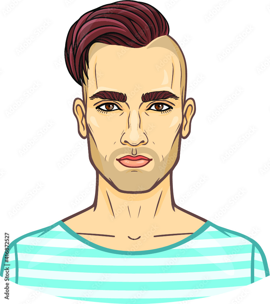 Animation portrait of the young attractive man with a stylish hairstyle. Vector illustration isolated on a white background. Print, poster, t-shirt, card. Animation portrait of the young attractive man with a stylish hairstyle. Vector illustration isolated on a white background. Print, poster, t-shirt, card.