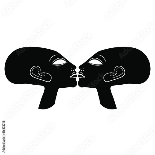 Two kissing ancient Egyptian heads. Amarna style. Black and white silhouette.