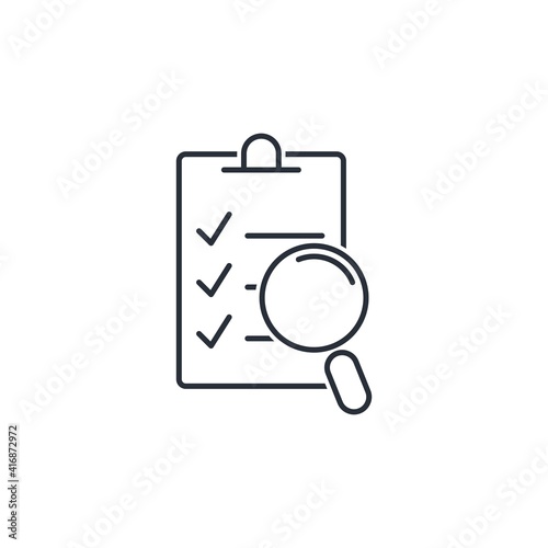 Document and magnifying glass. Controlling list. Vector linear icon isolated on white background.