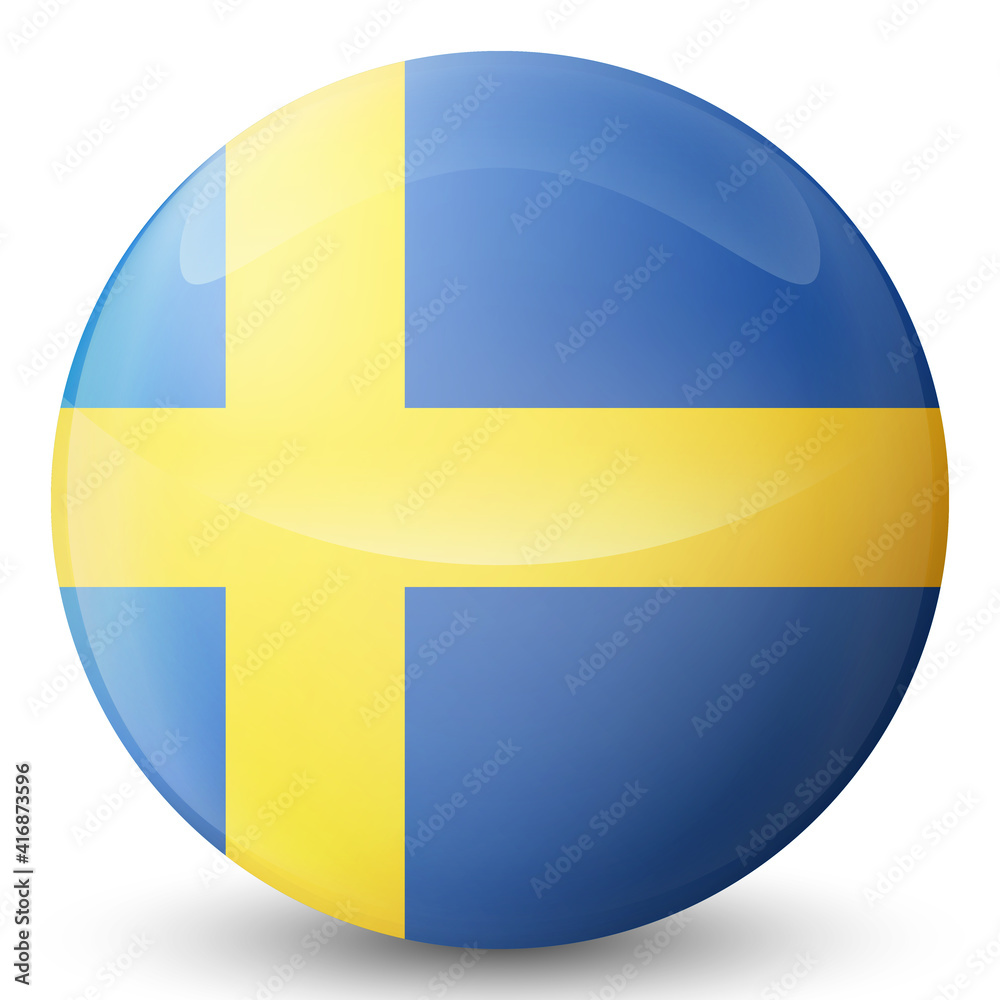 Glass light ball with flag of Sweden. Round sphere, template icon. Swedish national symbol. Glossy realistic ball, 3D abstract vector illustration highlighted on a white background. Big bubble.
