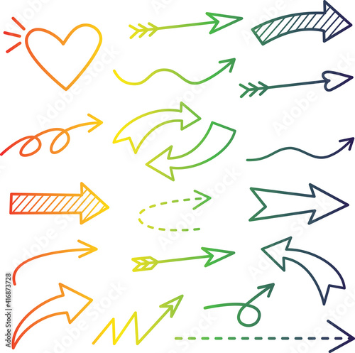  rainbow gradient line drawing of arrow doodle set , vector illustration