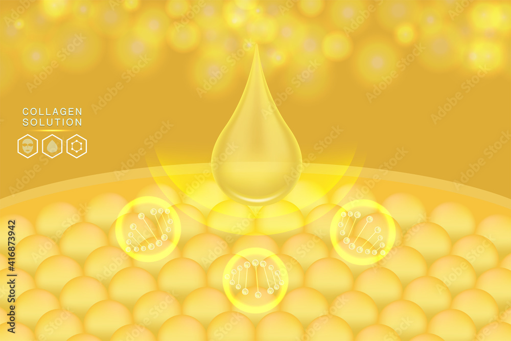 Hyaluronic acid skin solutions ad, gold collagen serum drop with cosmetic advertising background ready to use, illustration vector. Hyaluronic acid skin solutions ad, gold collagen serum drop with cosmetic advertising background ready to use, illustration vector.