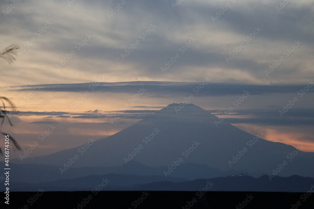夕方に江ノ島から見る富士山とススキのシルエット