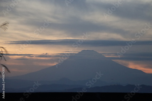 夕方に江ノ島から見る富士山とススキのシルエット © acchity