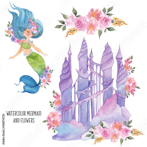 Watercolor illustration with cute mermaid and underwater castle, isolated on white background