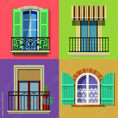 set of european windows with flowers, shutters, curtains