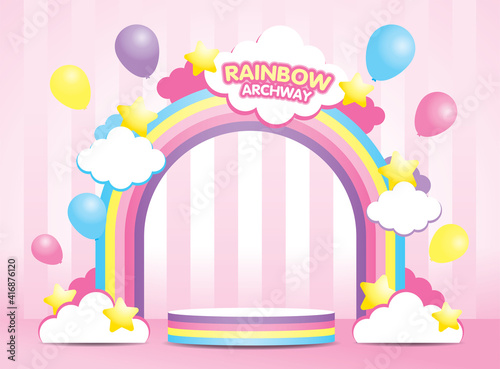 kawaii pastel rainbow archway and rainbow striped display podium 3d illustration vector with cute clouds and stars and balloons element on girly pink background.