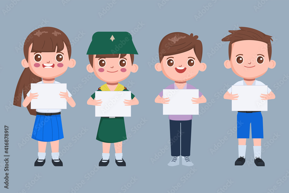 Cute character animation student holding placard banner. Cute character animation student holding placard banner.