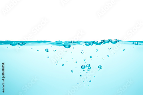 Bubbles floating in turquoise water on a white background