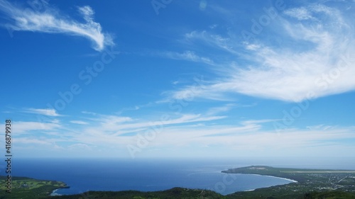 Beautiful clouds in the blue sky; aerial view of blue sea and coastline