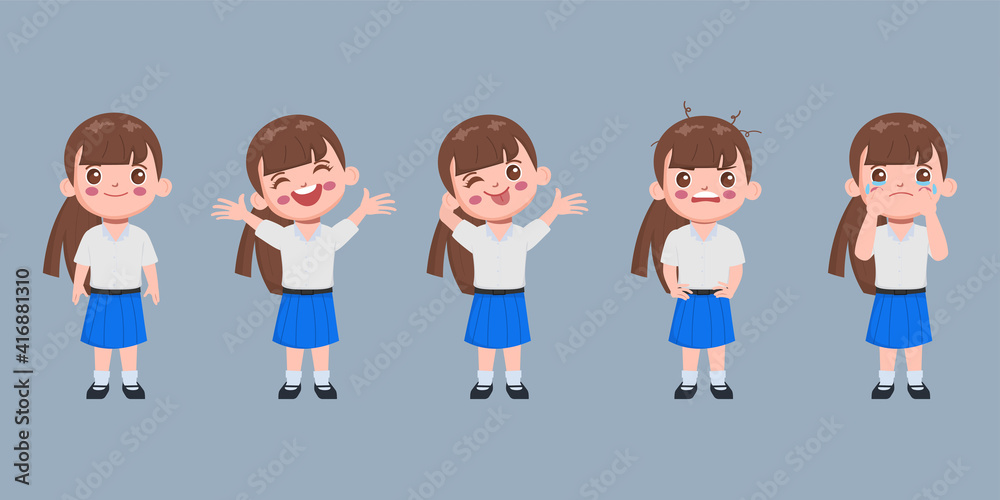 Bangkok Thailand student uniform. Cute girl Animation hand drawn cartoon vector.