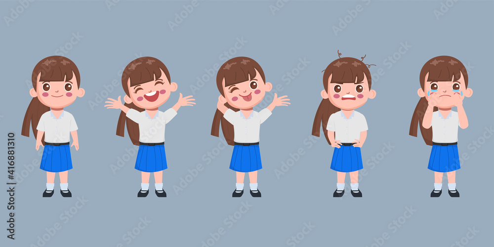 Bangkok Thailand student uniform. Cute girl Animation hand drawn cartoon vector. Bangkok Thailand student uniform. Cute girl Animation hand drawn cartoon vector.