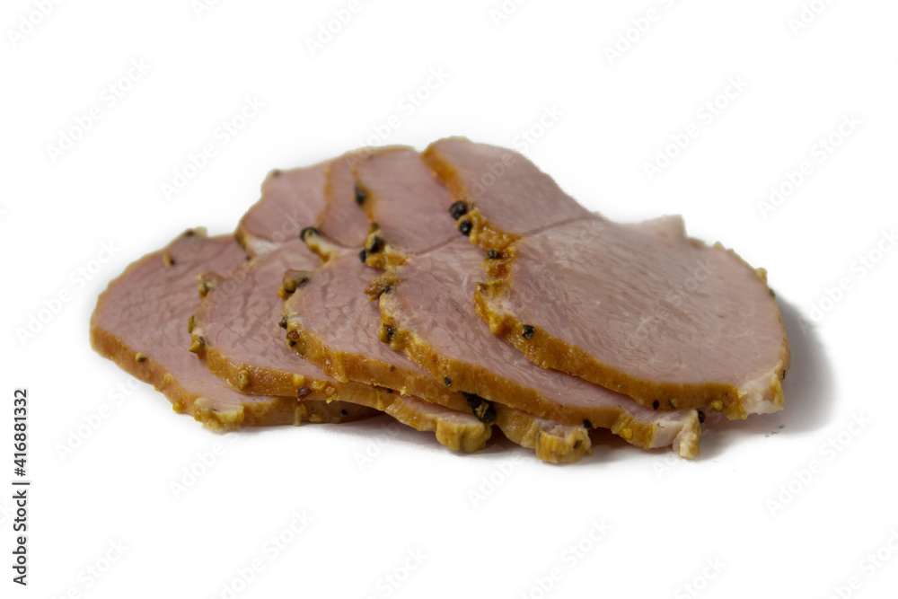 Appetizing baked sliced meat isolated on white background close-up Appetizing baked sliced meat isolated on white background close-up