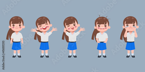 Bangkok Thailand student uniform. Cute girl Animation hand drawn cartoon vector.