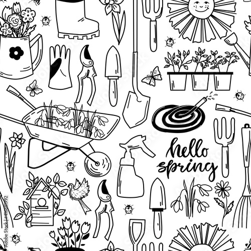 Garden tools c with flowers and calligraphy seamless pattern in contour style. Coloring book. Vector illustration.