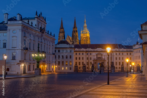 Evening view of Prague Castle from the empty Hradčany Square