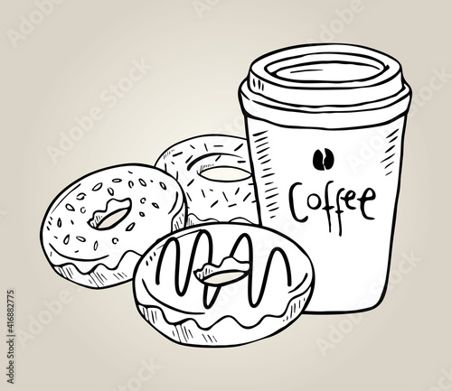 Doodle donuts with coffee on paper background