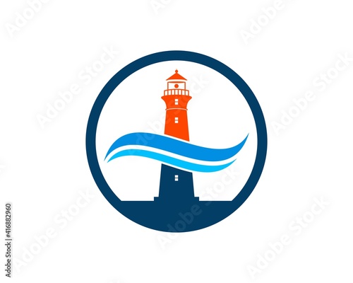 Circle shape with lighthouse and beach wave