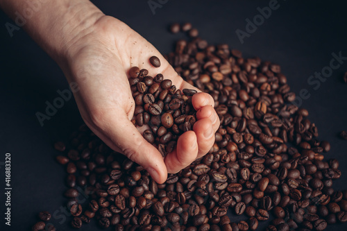 coffee bean in hand preparing beverage morning close-up energy