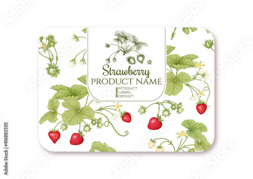 Strawberry. Ripe berries. Template for product label, cosmetic packaging. Easy to edit. Graphic drawing, engraving style. Vector illustration